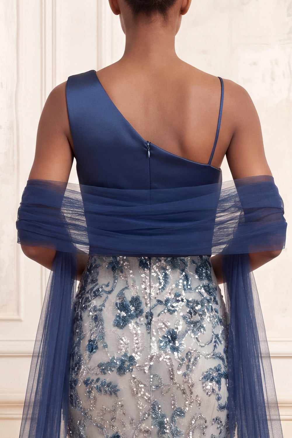 Ruched Mermaid One Shoulder Sparkly Navy Floral Long Beaded Prom Dress