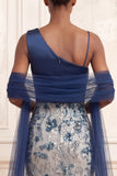 Ruched Mermaid One Shoulder Sparkly Navy Floral Long Beaded Prom Dress
