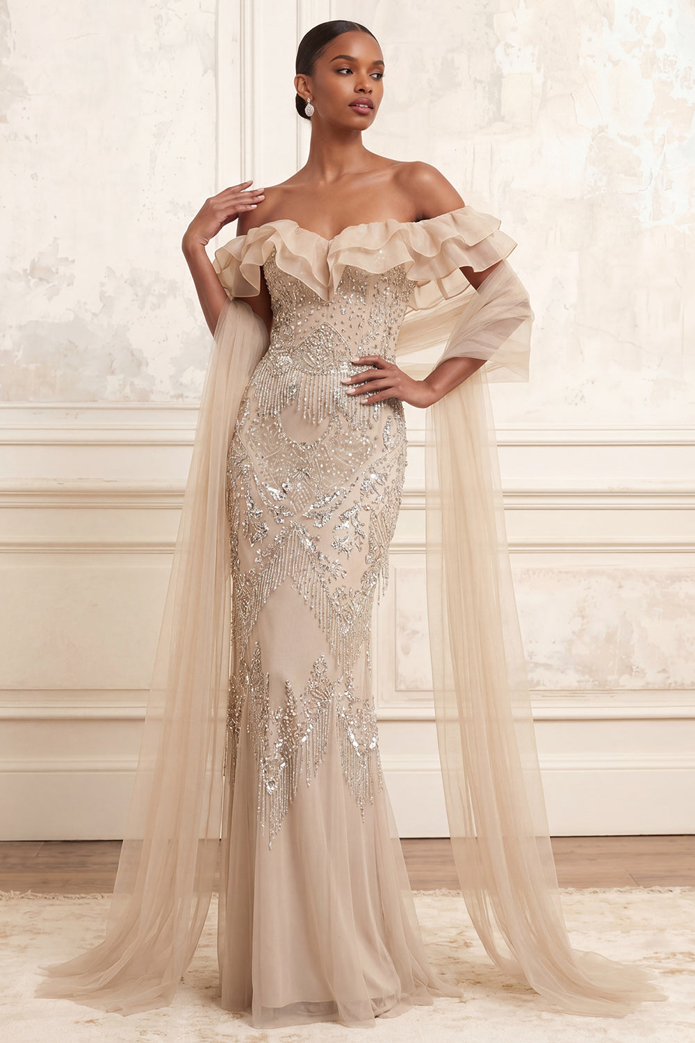 Mermaid Sparkly Apricot Ruffled Long Beaded Prom Dress with Shawl
