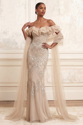 Mermaid Sparkly Apricot Ruffled Long Beaded Prom Dress with Shawl