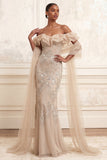 Mermaid Sparkly Apricot Ruffled Long Beaded Prom Dress with Shawl