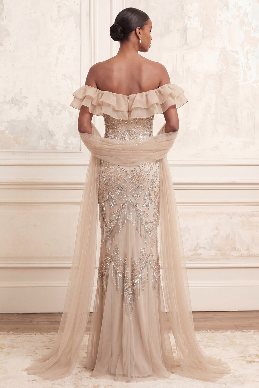 Mermaid Sparkly Apricot Ruffled Long Beaded Prom Dress with Shawl