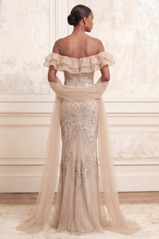 Mermaid Sparkly Apricot Ruffled Long Beaded Prom Dress with Shawl