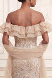 Mermaid Sparkly Apricot Ruffled Long Beaded Prom Dress with Shawl