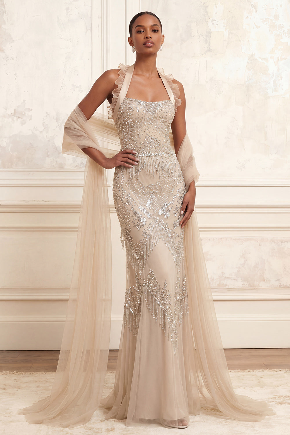Halter Sparkly Apricot Mermaid Ruffled Long Beaded Prom Dress with Shawl