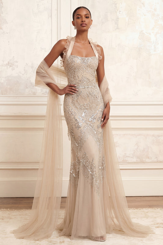 Halter Sparkly Apricot Mermaid Ruffled Long Beaded Prom Dress with Shawl
