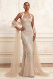 Halter Sparkly Apricot Mermaid Ruffled Long Beaded Prom Dress with Shawl