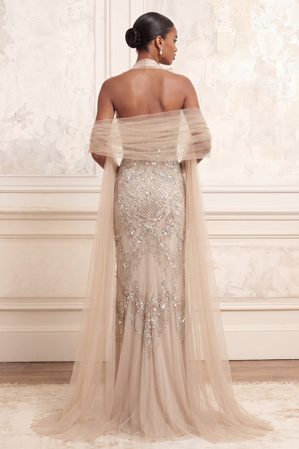Halter Sparkly Apricot Mermaid Ruffled Long Beaded Prom Dress with Shawl