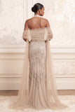 Halter Sparkly Apricot Mermaid Ruffled Long Beaded Prom Dress with Shawl