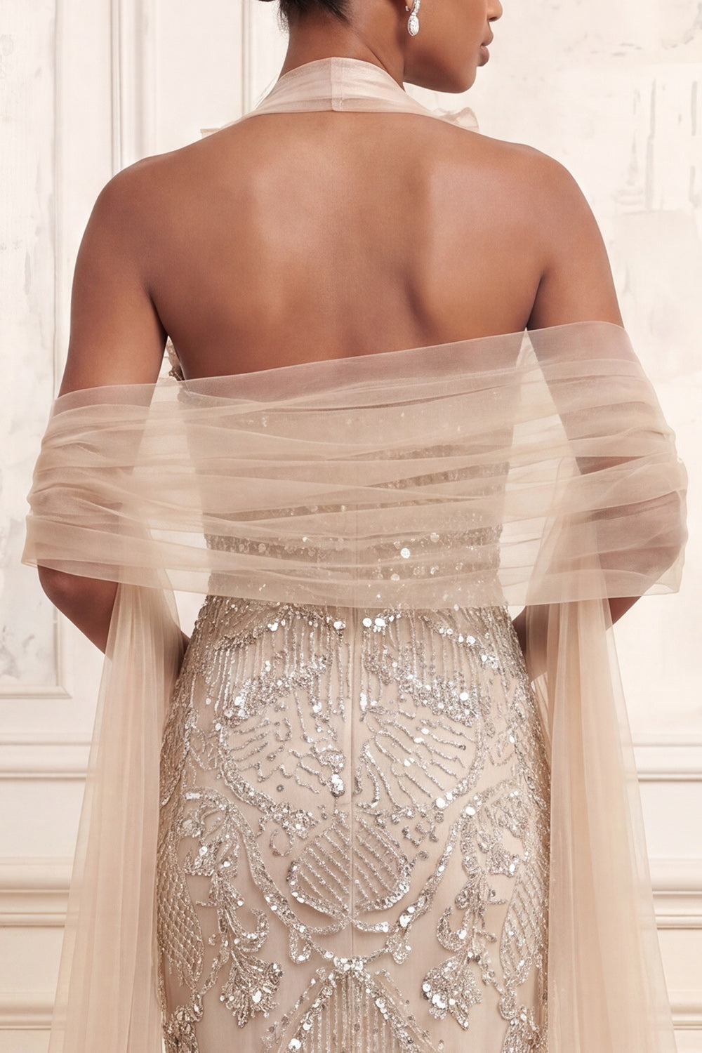 Halter Sparkly Apricot Mermaid Ruffled Long Beaded Prom Dress with Shawl