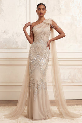 One Shoulder Sparkly Apricot Mermaid Long Beaded Prom Dress with Cape