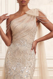 One Shoulder Sparkly Apricot Mermaid Long Beaded Prom Dress with Cape