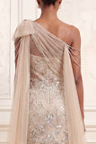 One Shoulder Sparkly Apricot Mermaid Long Beaded Prom Dress with Cape