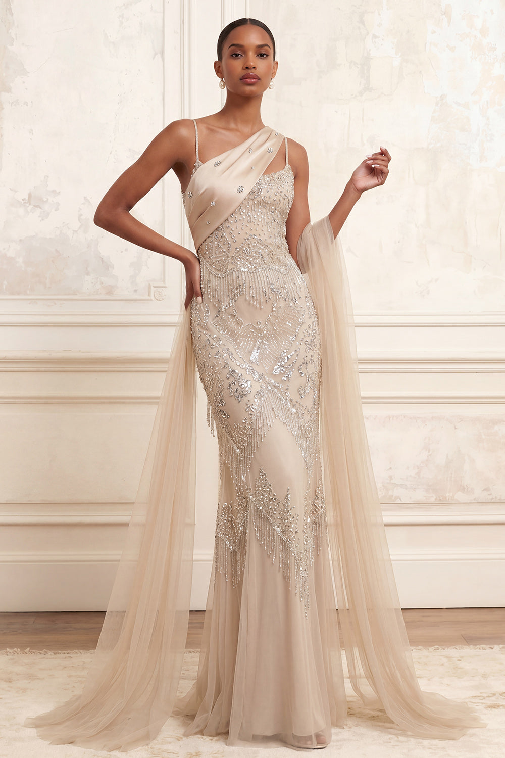 Sparkly Apricot Mermaid Spaghetti Straps Long Beaded Prom Dress
