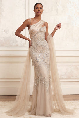 Sparkly Apricot Mermaid Spaghetti Straps Long Beaded Prom Dress