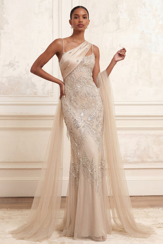 Sparkly Apricot Mermaid Spaghetti Straps Long Beaded Prom Dress
