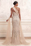 Sparkly Apricot Mermaid Spaghetti Straps Long Beaded Prom Dress
