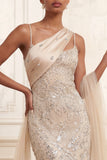 Sparkly Apricot Mermaid Spaghetti Straps Long Beaded Prom Dress