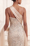 Sparkly Apricot Mermaid Spaghetti Straps Long Beaded Prom Dress