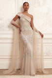 Sparkly Apricot Mermaid Long Beaded One Shoulder Prom Dress with Rhinestones