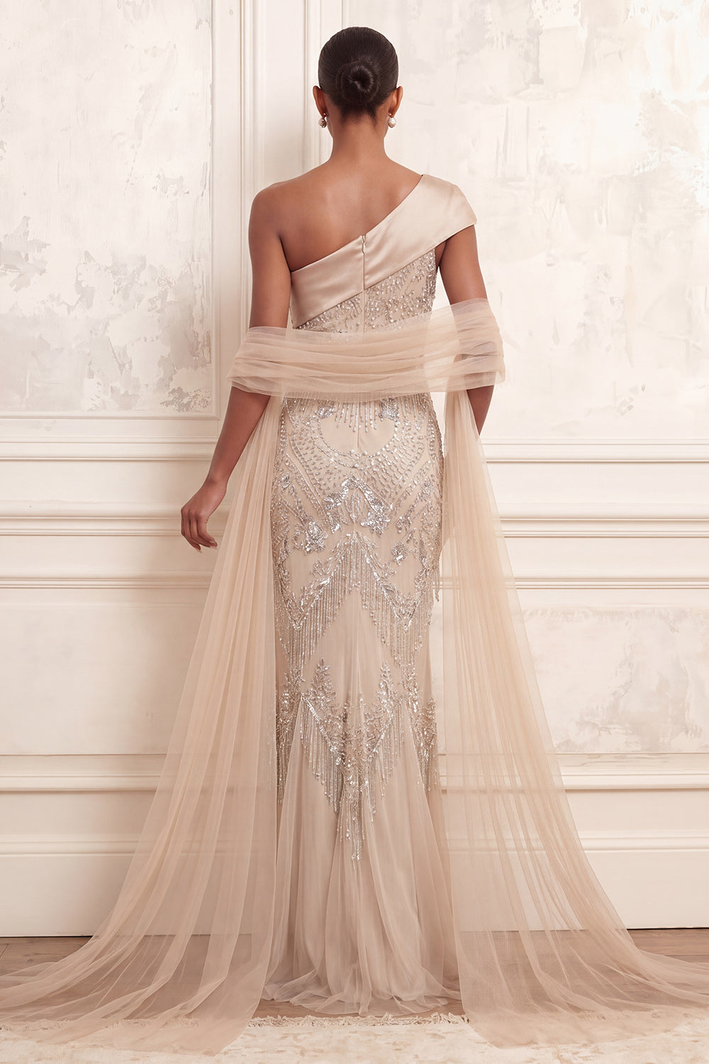 Sparkly Apricot Mermaid Long Beaded One Shoulder Prom Dress with Rhinestones