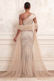 Sparkly Apricot Mermaid Long Beaded One Shoulder Prom Dress with Rhinestones