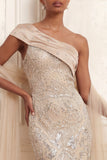 Sparkly Apricot Mermaid Long Beaded One Shoulder Prom Dress with Rhinestones