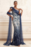 Sparkly Navy Floral Ruched Mermaid Long Beaded Prom Dress with Bow