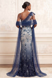 Sparkly Navy Floral Ruched Mermaid Long Beaded Prom Dress with Bow