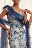 Sparkly Navy Floral Ruched Mermaid Long Beaded Prom Dress with Bow