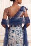 Sparkly Navy Floral Ruched Mermaid Long Beaded Prom Dress with Bow
