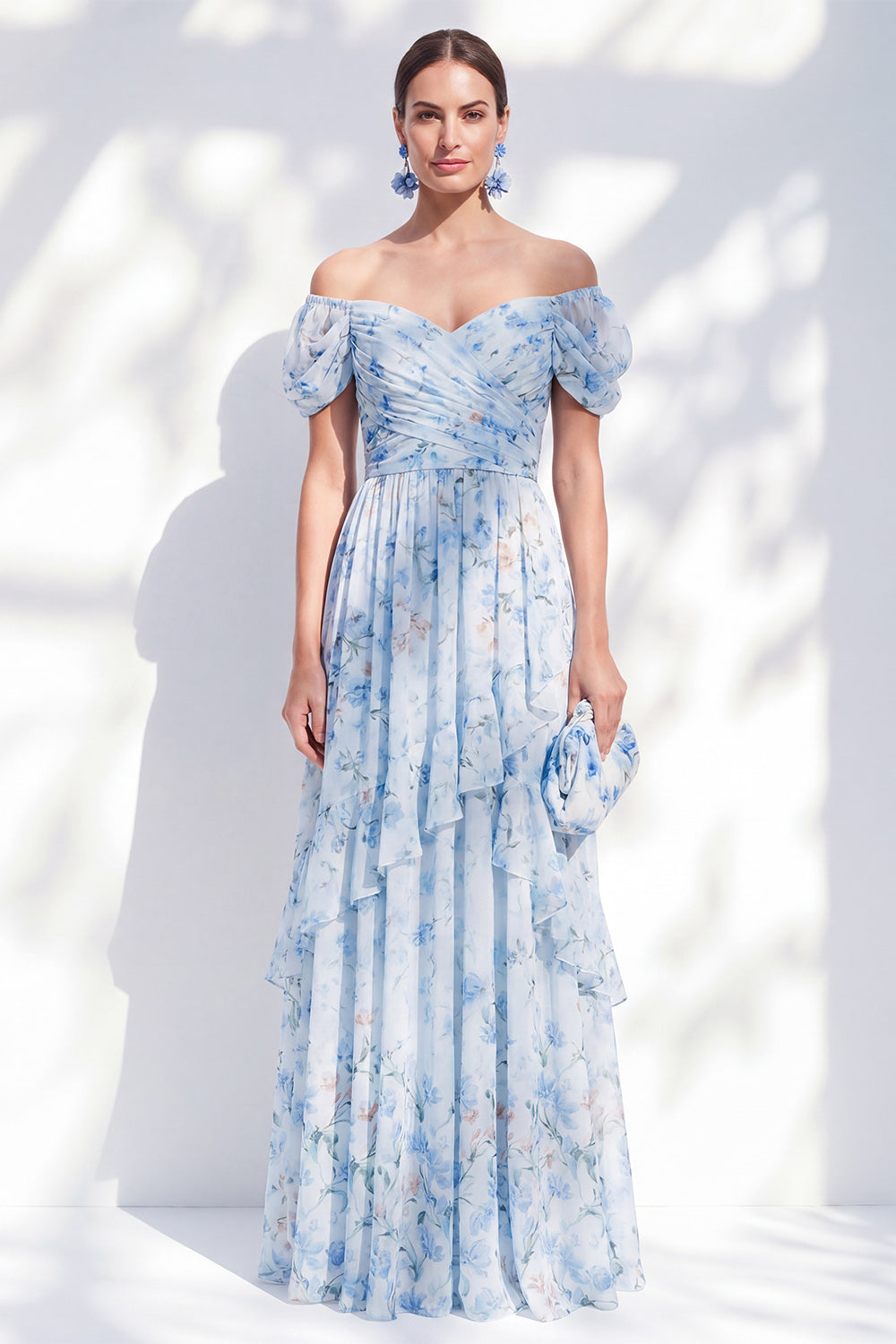 Blue Floral A Line Long Off The Shoulder Ruffled Mother of the Bride Dress with Sleeves