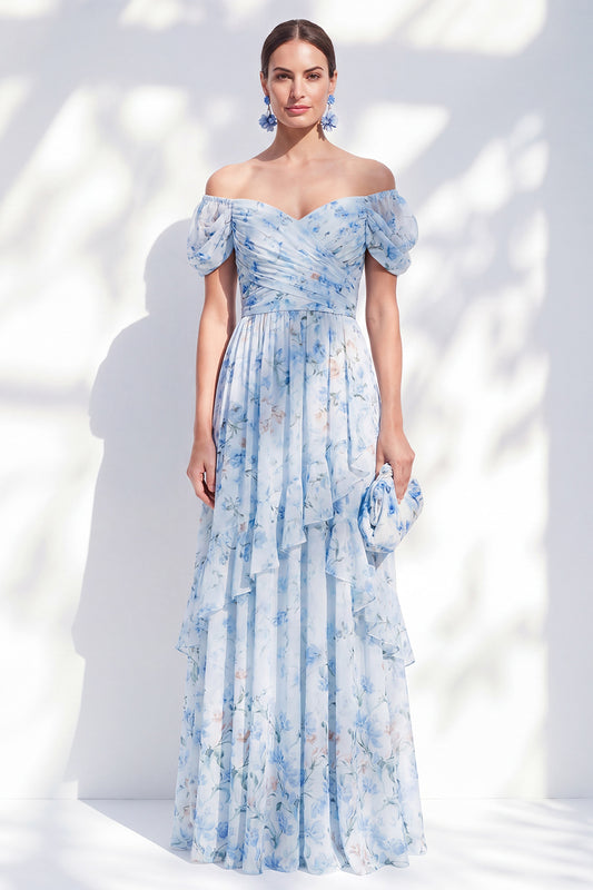 Blue Floral A Line Long Off The Shoulder Ruffled Mother of the Bride Dress with Sleeves