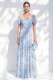 Blue Floral A Line Long Off The Shoulder Ruffled Mother of the Bride Dress with Sleeves
