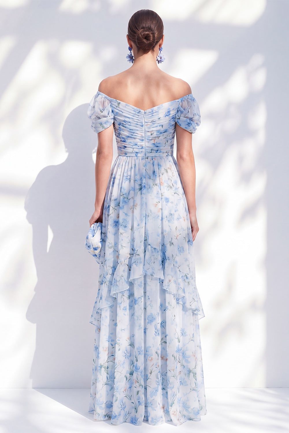 Blue Floral A Line Long Off The Shoulder Ruffled Mother of the Bride Dress with Sleeves