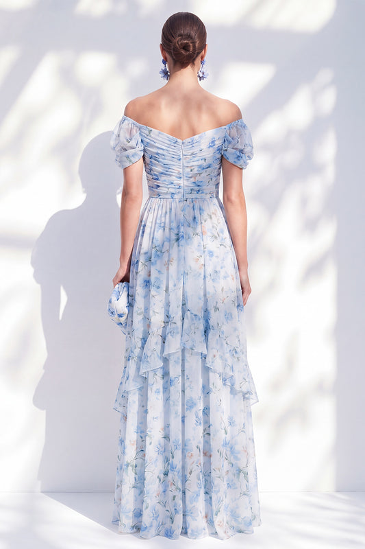Blue Floral A Line Long Off The Shoulder Ruffled Mother of the Bride Dress with Sleeves