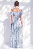 Blue Floral A Line Long Off The Shoulder Ruffled Mother of the Bride Dress with Sleeves