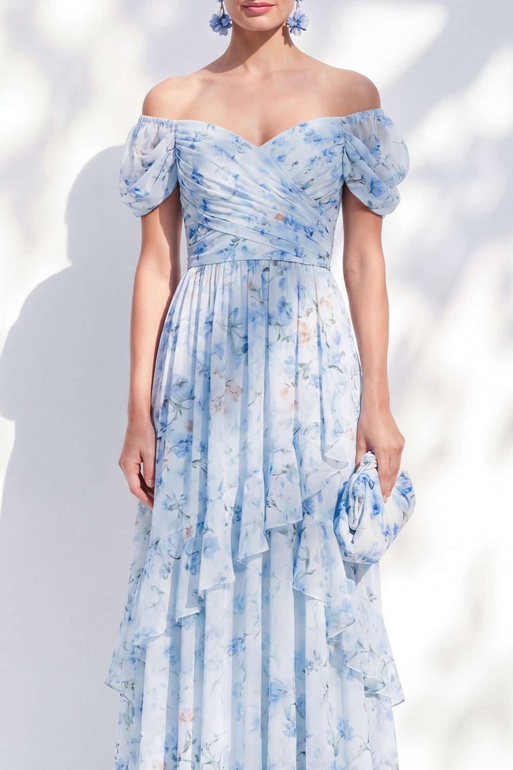 Blue Floral A Line Long Off The Shoulder Ruffled Mother of the Bride Dress with Sleeves