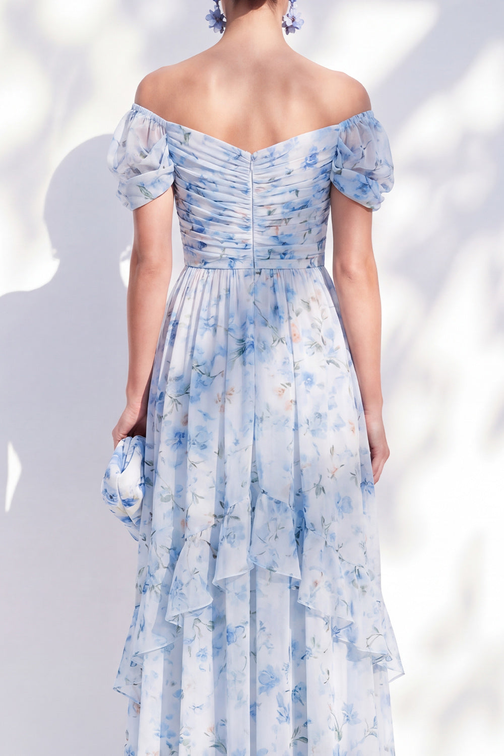 Blue Floral A Line Long Off The Shoulder Ruffled Mother of the Bride Dress with Sleeves