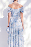 Blue Floral A Line Long Off The Shoulder Ruffled Mother of the Bride Dress with Sleeves