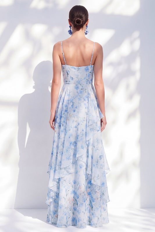 Blue Floral A Line Long Spaghetti Straps Mother of the Bride Dress with Ruffles