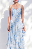 Blue Floral A Line Long Spaghetti Straps Mother of the Bride Dress with Ruffles