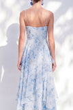 Blue Floral A Line Long Spaghetti Straps Mother of the Bride Dress with Ruffles