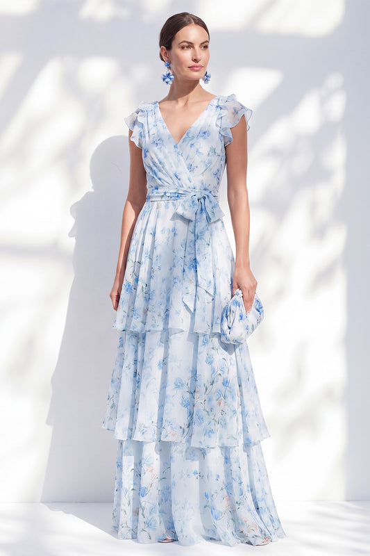 Blue Floral A Line Long V-Neck Mother of the Bride Dress with Sash