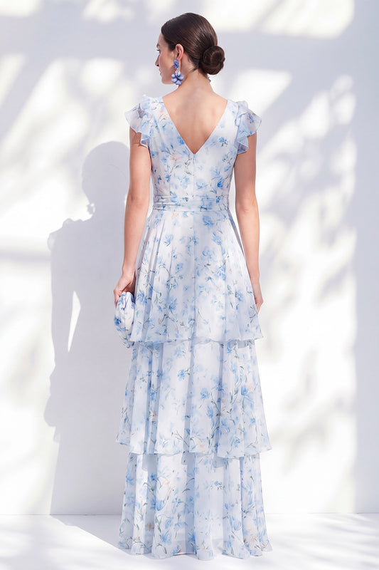 Blue Floral A Line Long V-Neck Mother of the Bride Dress with Sash