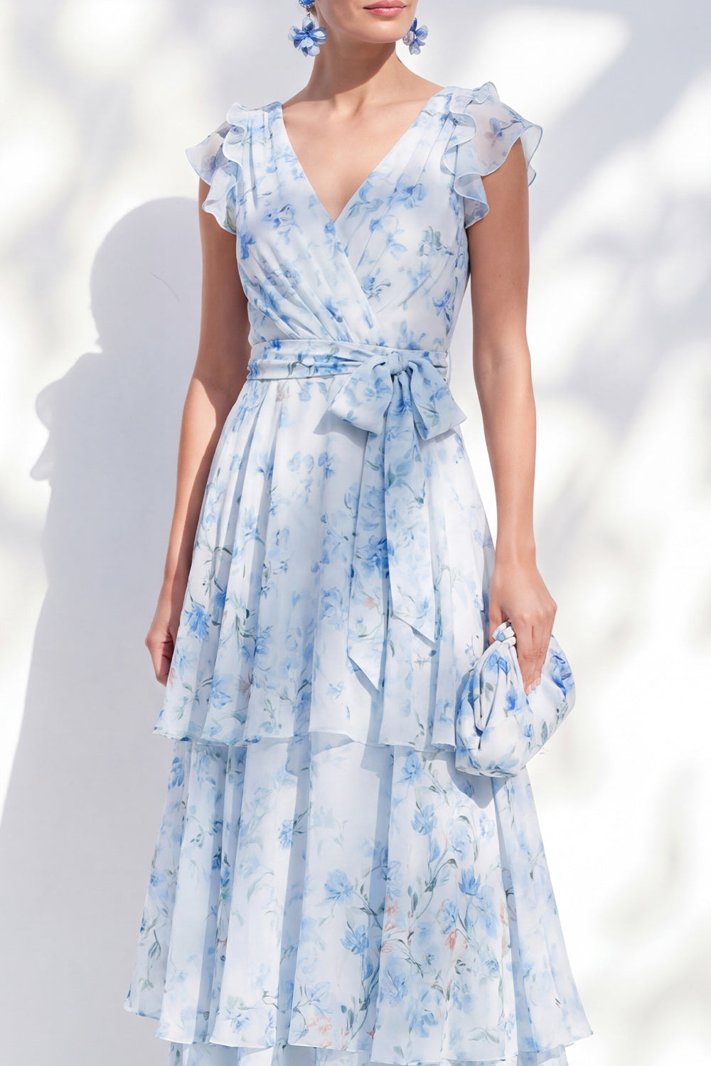 Blue Floral A Line Long V-Neck Mother of the Bride Dress with Sash