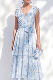 Blue Floral A Line Long V-Neck Mother of the Bride Dress with Sash