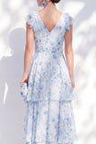 Blue Floral A Line Long V-Neck Mother of the Bride Dress with Sash