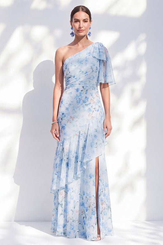 Blue Floral Ruffled Sheath Long One Shoulder Mother of the Bride Dress with Slit