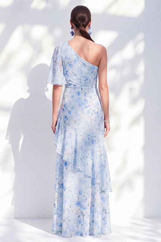 Blue Floral Ruffled Sheath Long One Shoulder Mother of the Bride Dress with Slit